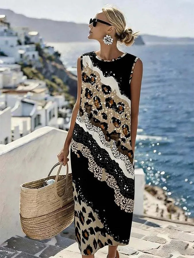 Stylish Sleeveless Leopard-Print Patchwork Resort Dress