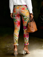 Women's Colorful Floral Art Print Spots Ripped Skinny Jeans