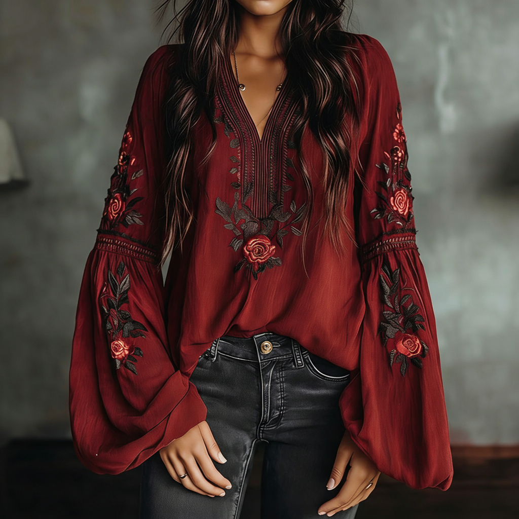 Linen Bohemian Embroidered Top Women's Loose Long Sleeve Peasant Blouse Ethnic Vintage Style Summer Casual Shirt