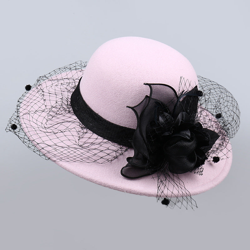 French Retro Mesh Floral Woolen Hatm