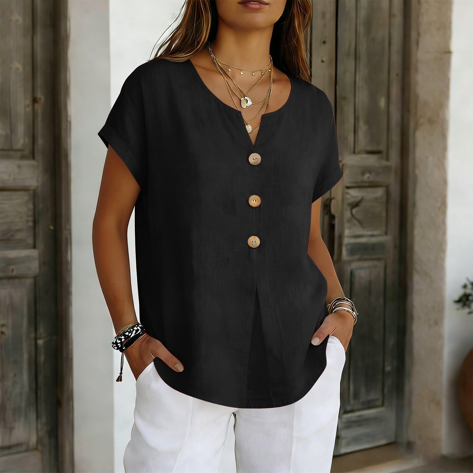 Women's Solid Color Short Sleeve Button Design Linen Blend T-shirt