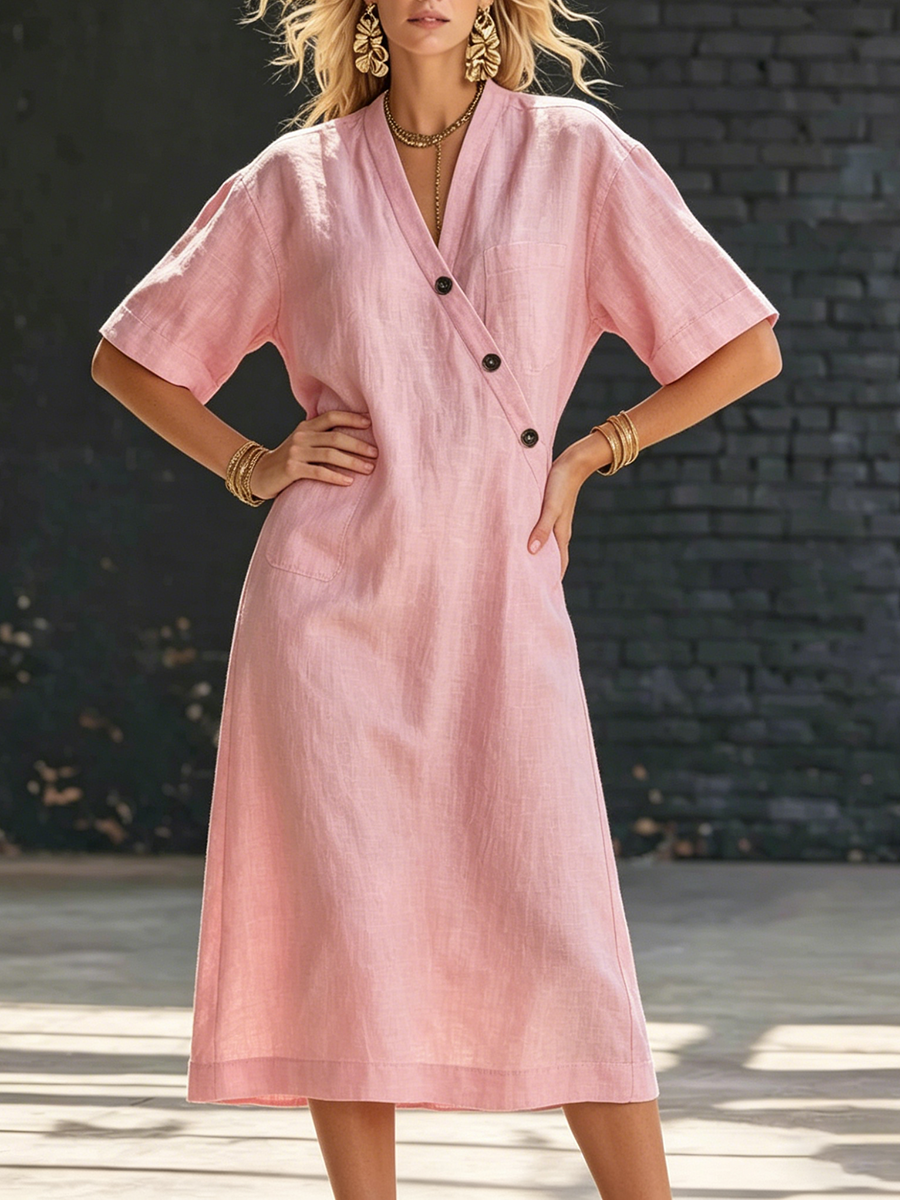 Cozy Buttons Loose-fit Cotton-linen Midi Dress
