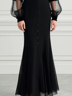 Collared Sheer Striped Mesh Puff Sleeve Fishtail Mermaid Maxi Dress