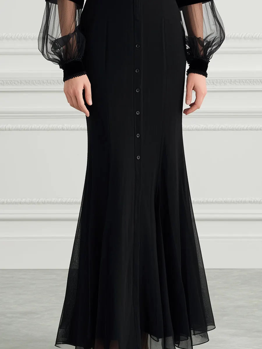 Collared Sheer Striped Mesh Puff Sleeve Fishtail Mermaid Maxi Dress