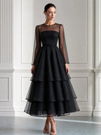 Elegant Sheer Sleeve Tiered Organza Midi Dress