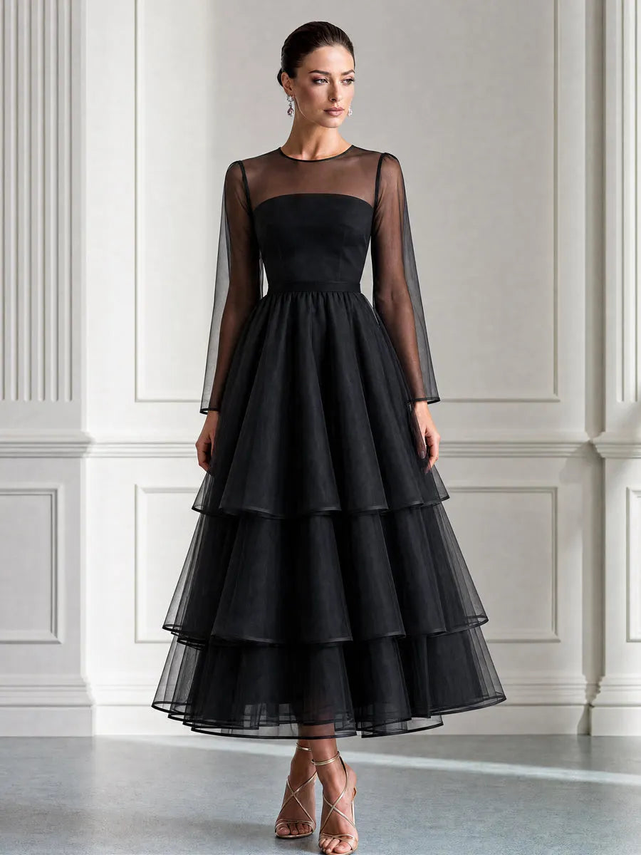 Elegant Sheer Sleeve Tiered Organza Midi Dress