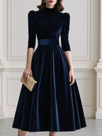 Elegant Velvet Puff Sleeve High Neck A Line Midi Dress