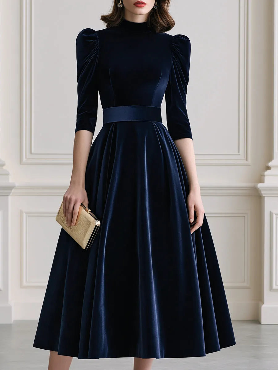 Elegant Velvet Puff Sleeve High Neck A Line Midi Dress