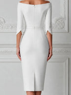 White Dress Off Shoulder Pearl Trim Pencil Midi Dress