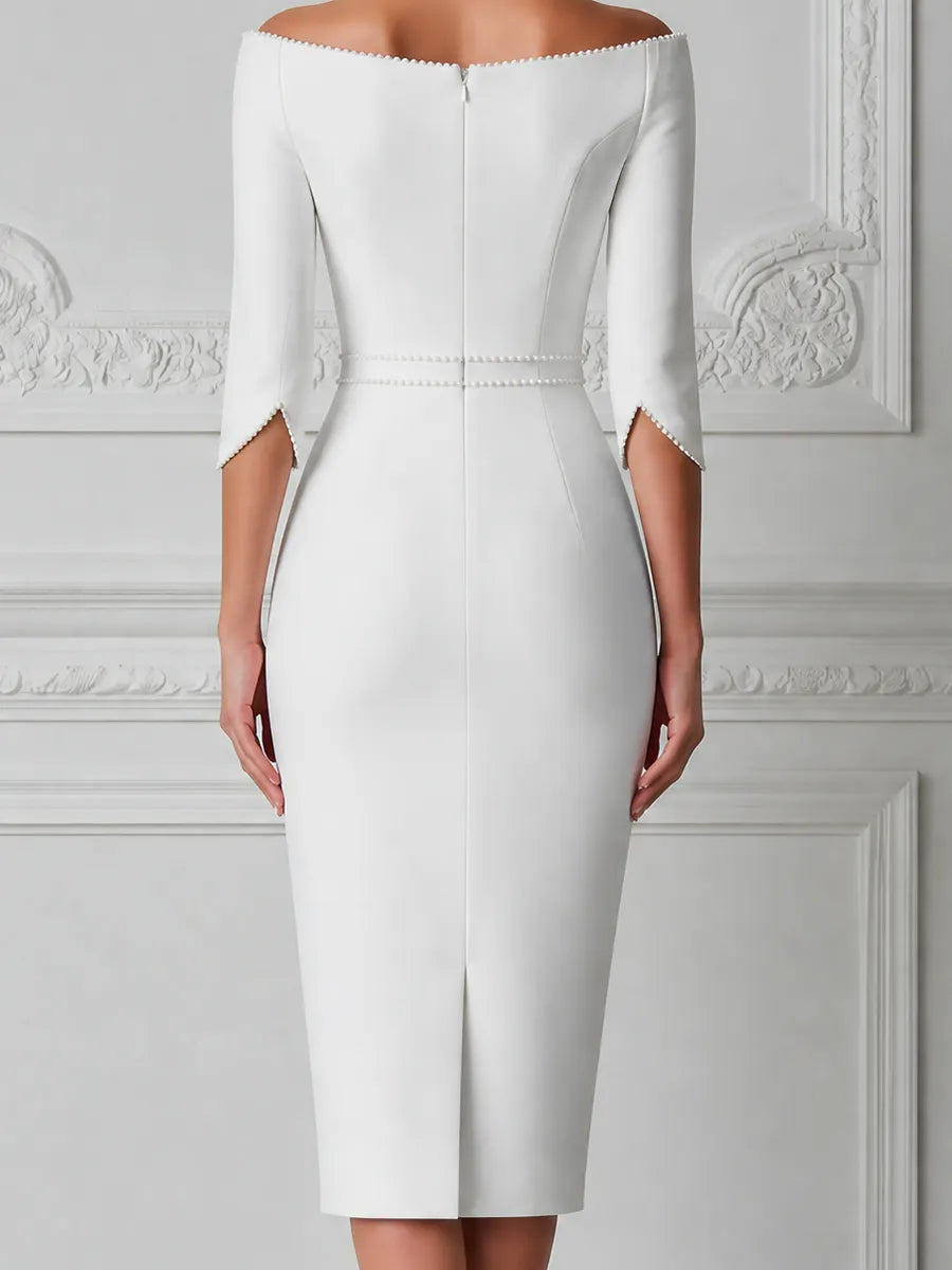White Dress Off Shoulder Pearl Trim Pencil Midi Dress