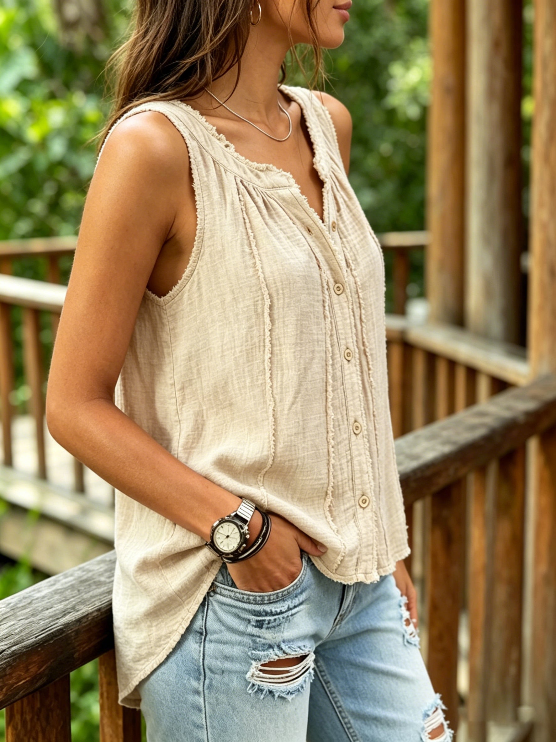 Women's Casual Sleeveless Patchwork Cotton And Linen Cardigan Shirt