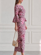 Pink Leopard & Peony Print Bell Sleeve Bodycon Midi Dress