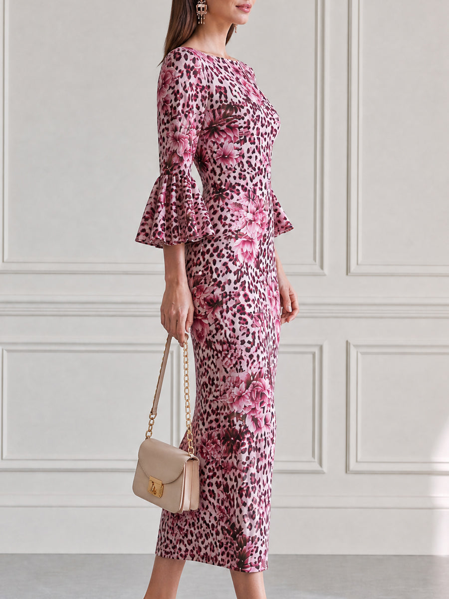 Pink Leopard & Peony Print Bell Sleeve Bodycon Midi Dress