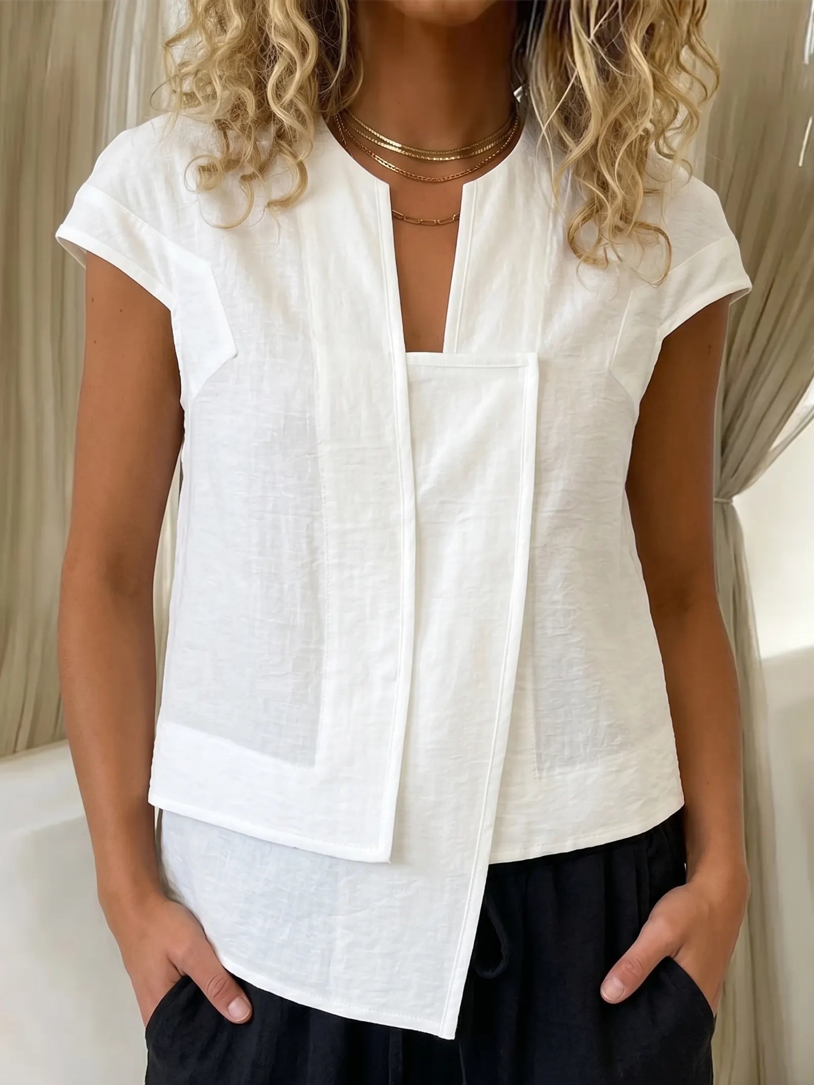 Women's Fashion Casual Solid Colors Artistic Asymmetrical Hem Short-sleeve Shirt