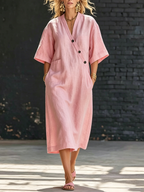 Cozy Buttons Loose-fit Cotton-linen Midi Dress