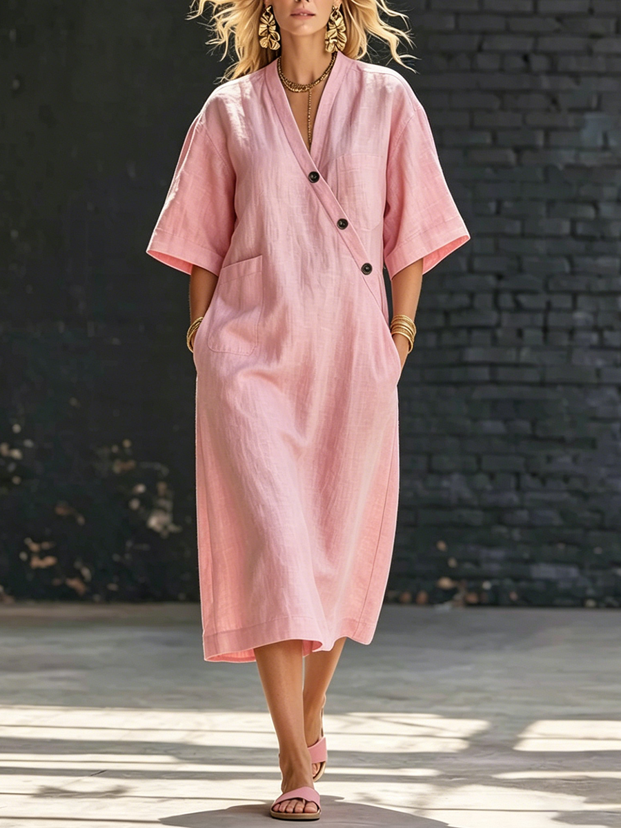 Cozy Buttons Loose-fit Cotton-linen Midi Dress