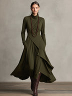 Women's Purple Bohemian Cotton Stretch Turtleneck Asymmetrical Draped Maxi Dress