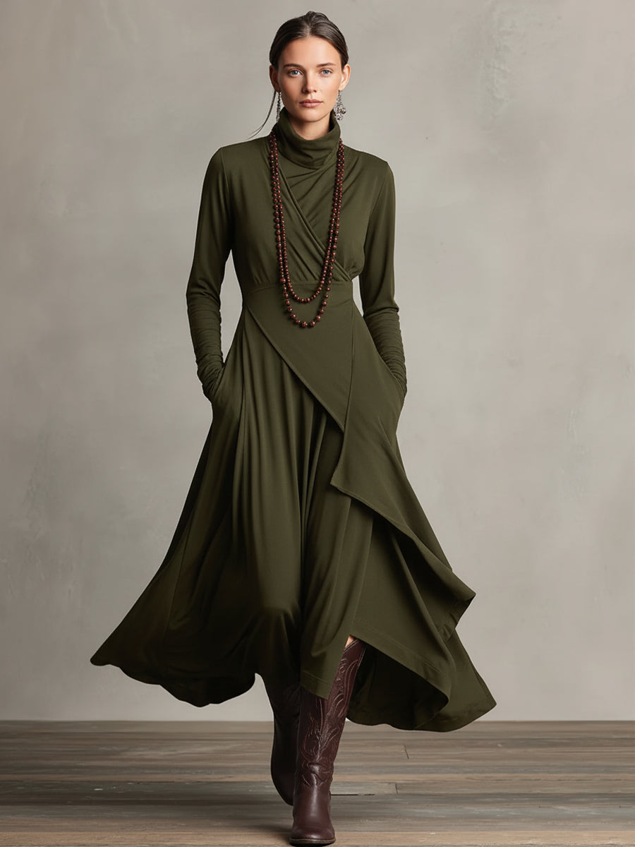 Women's Purple Bohemian Cotton Stretch Turtleneck Asymmetrical Draped Maxi Dress