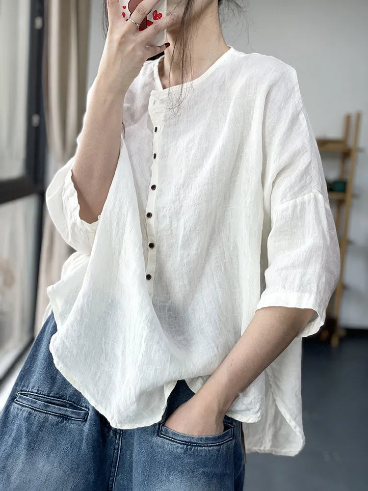 Vintage Plain Crew Neck Button Cotton Linen Casual Shirt