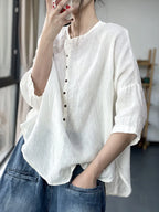 Vintage Plain Crew Neck Button Cotton Linen Casual Shirt