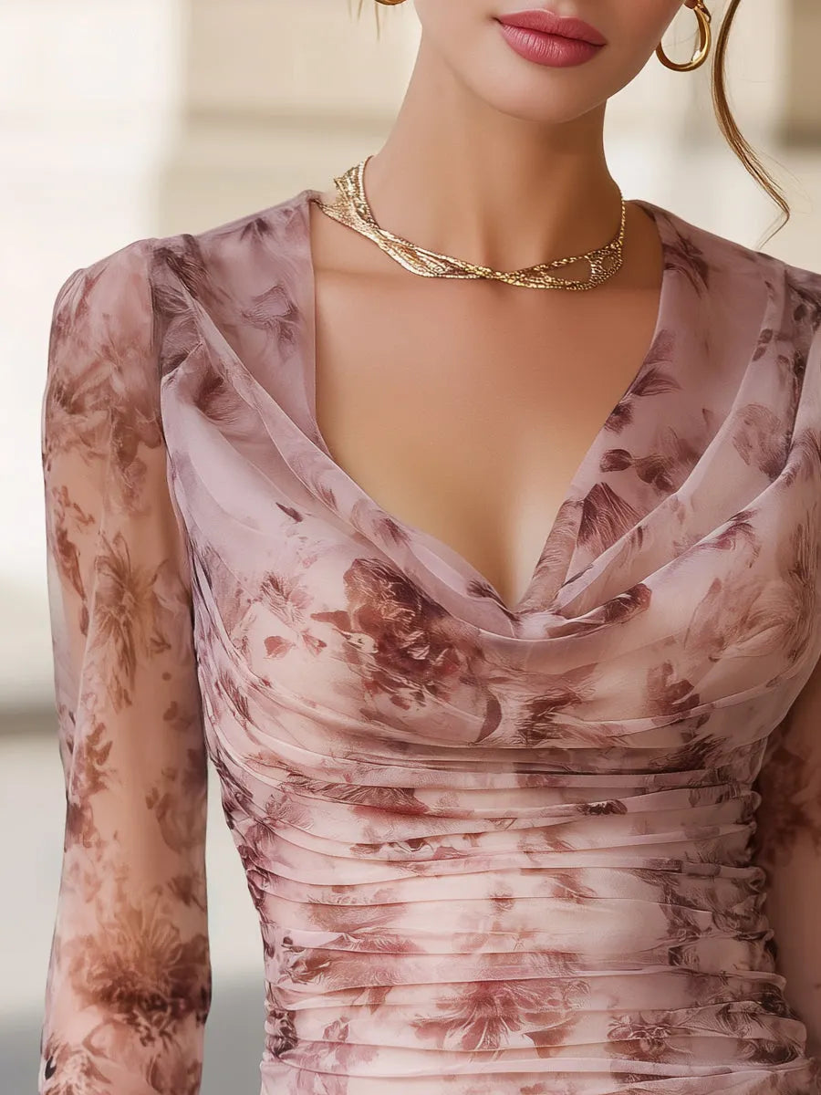 Floral Print Ruched Mesh Long Sleeve Blouse