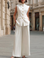 Minimalist Mandarin Collar Tailored Vest And Wide-Leg Trouser Set