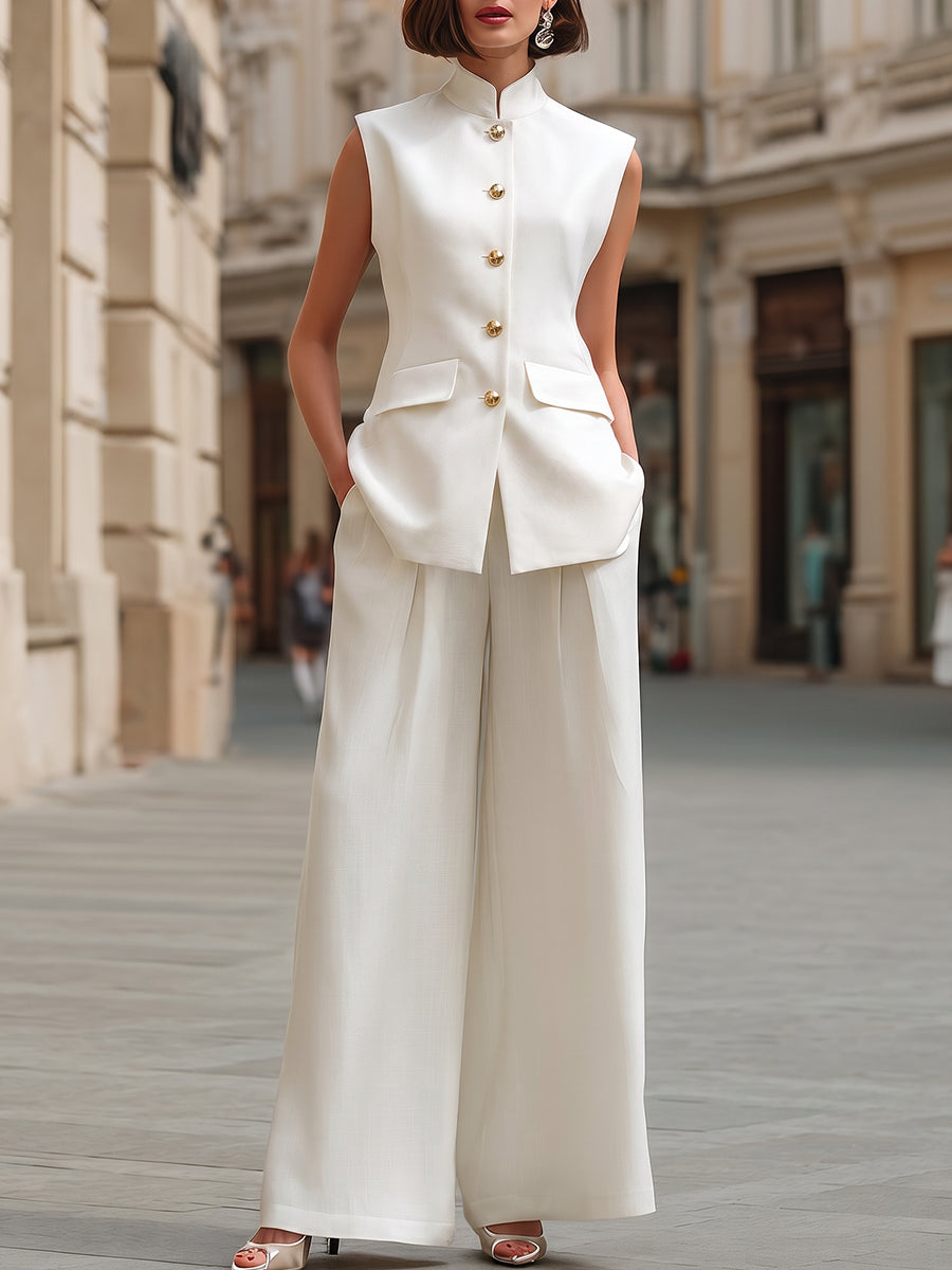 Minimalist Mandarin Collar Tailored Vest And Wide-Leg Trouser Set