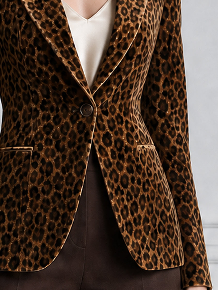 Leopard Print Velvet Single-Button Tailored Blazer