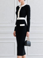 Contrast Peter Pan Collar Ribbed Knit Bodycon Midi Dress with Gold Buttons