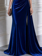 One-Shoulder Velvet Draped Mermaid Evening Gown