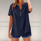 Solid Color Linen Blended V-neck Loose Blouse