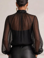 Black Sheer Pleated Chiffon High Neck Blouse