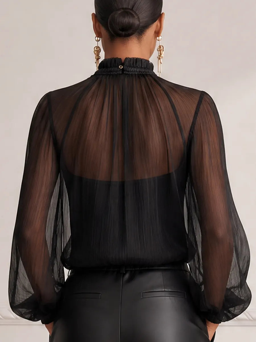 Black Sheer Pleated Chiffon High Neck Blouse