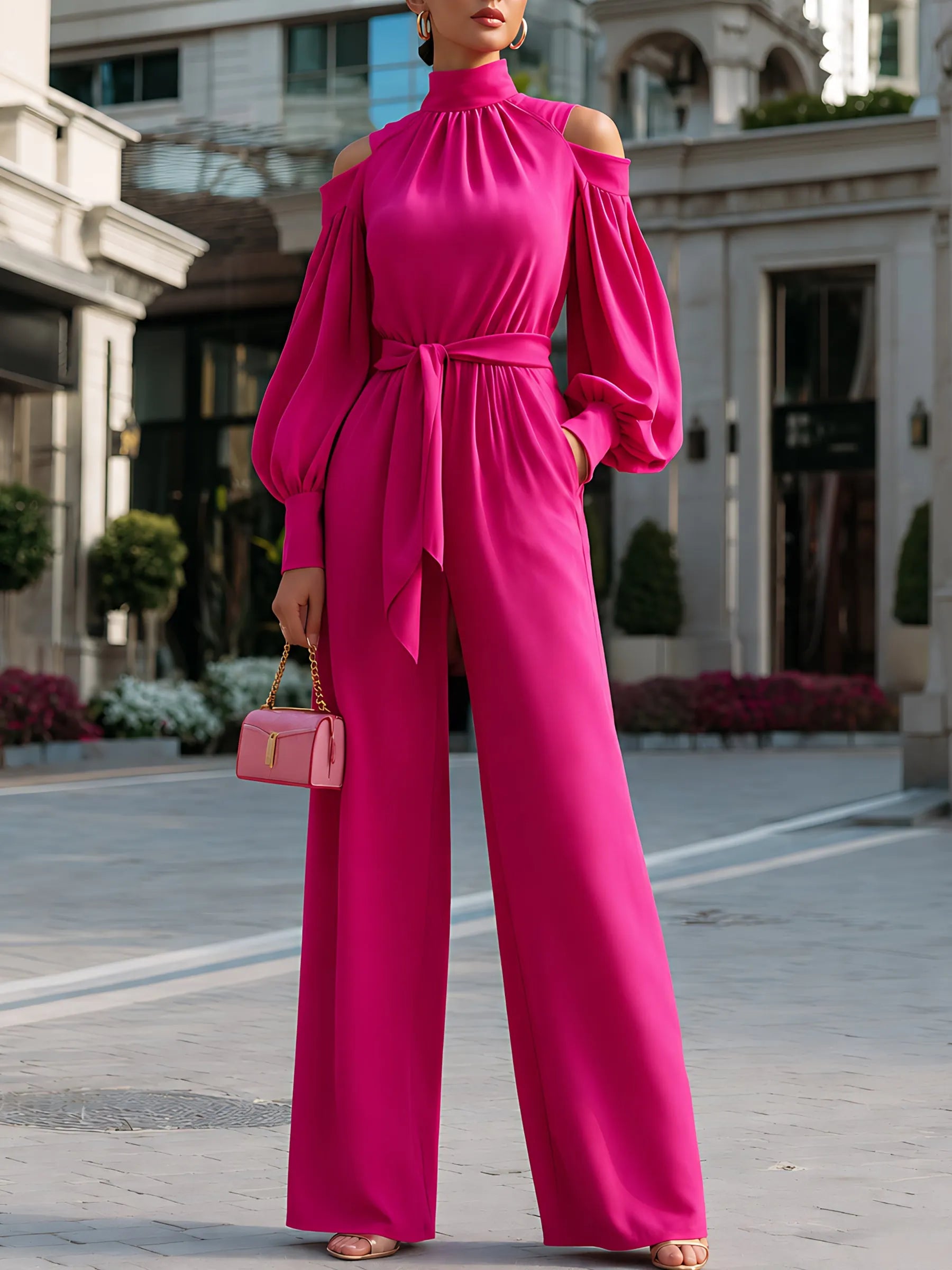 Tie-Waist Cold-Shoulder Wide-Leg Jumpsuit