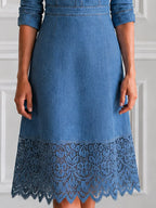 Elegant Waist Fitting Lace Hem Cutwork Denim Shirt Dress