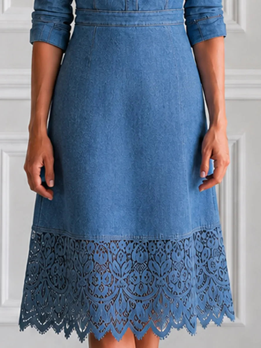 Elegant Waist Fitting Lace Hem Cutwork Denim Shirt Dress