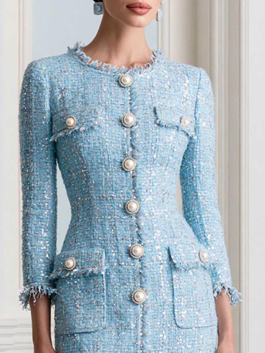 Elegant Sparkle Tweed Pearl Buttons Midi Dress