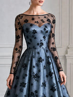Dusty Blue Flocked Floral Tulle A-Line Midi Evening Dress