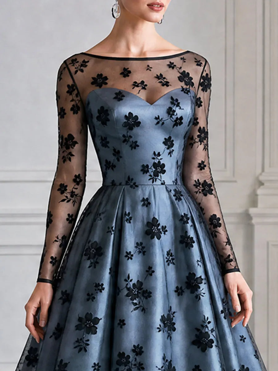 Dusty Blue Flocked Floral Tulle A-Line Midi Evening Dress