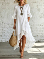Women's Casual Loose-fitting Round Neck Lace Linen And Cotton Short-sleeved Dress