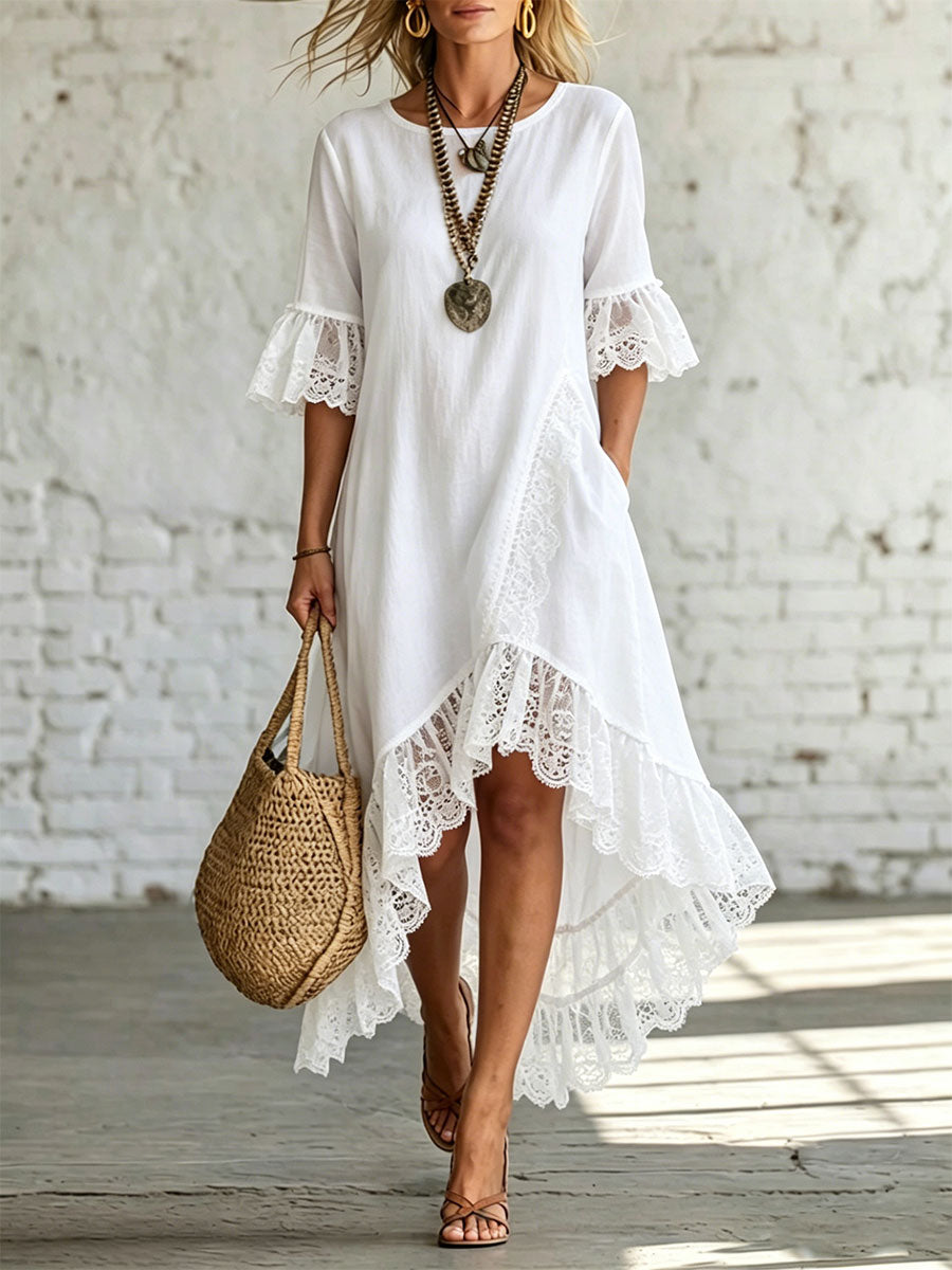 Women's Casual Loose-fitting Round Neck Lace Linen And Cotton Short-sleeved Dress