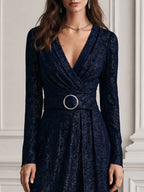 Lurex Surplice V-Neck Circle Buckle Belt Maxi Evening Gown