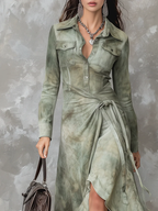Vintage Sage Green Tie-Dye Pocket Slim Suede Maxi Dress