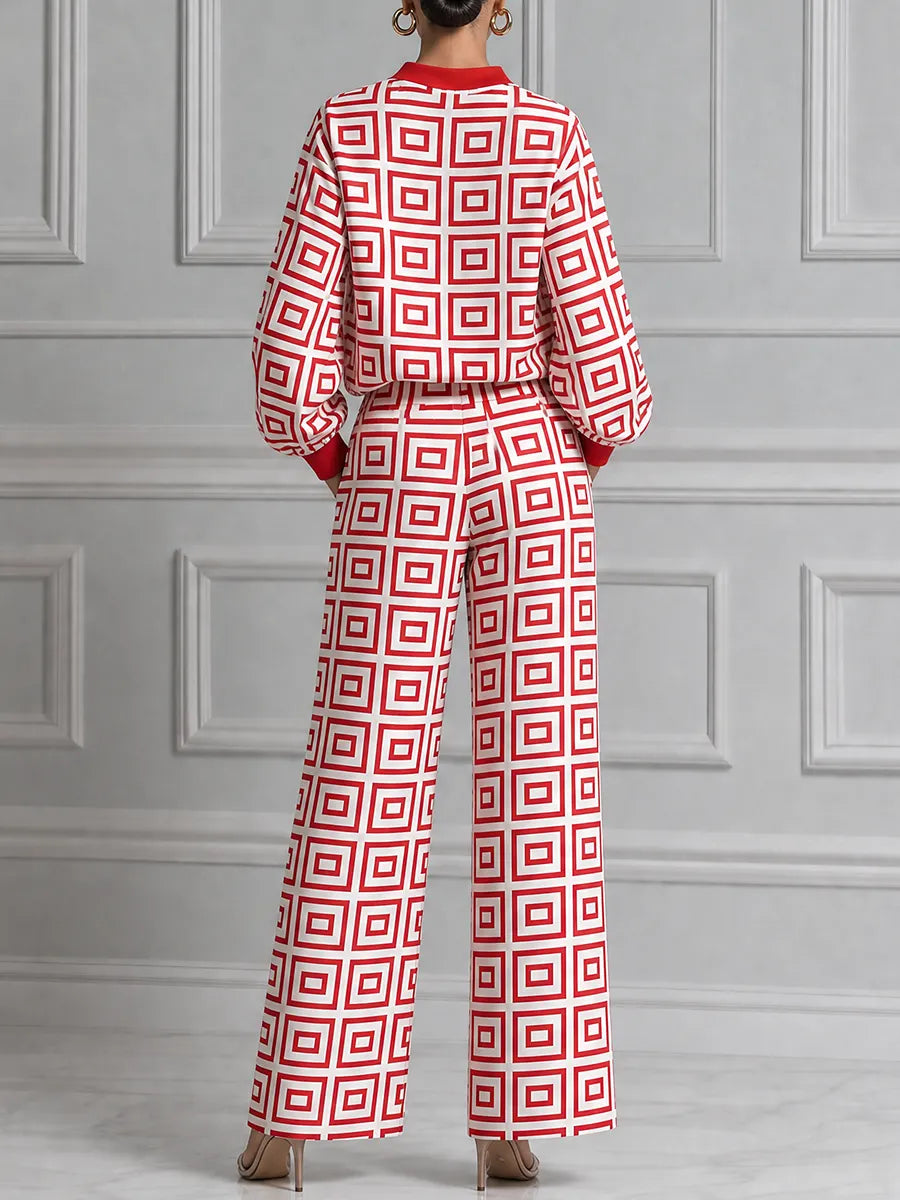 Red Geometric Print Pullover & Wide Leg Pants Set