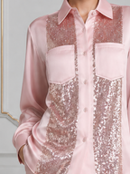 Pink Satin Sequin Button Front Blouse