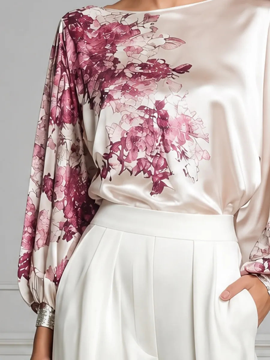 Ivory Floral Satin Lantern-Sleeve Shirt