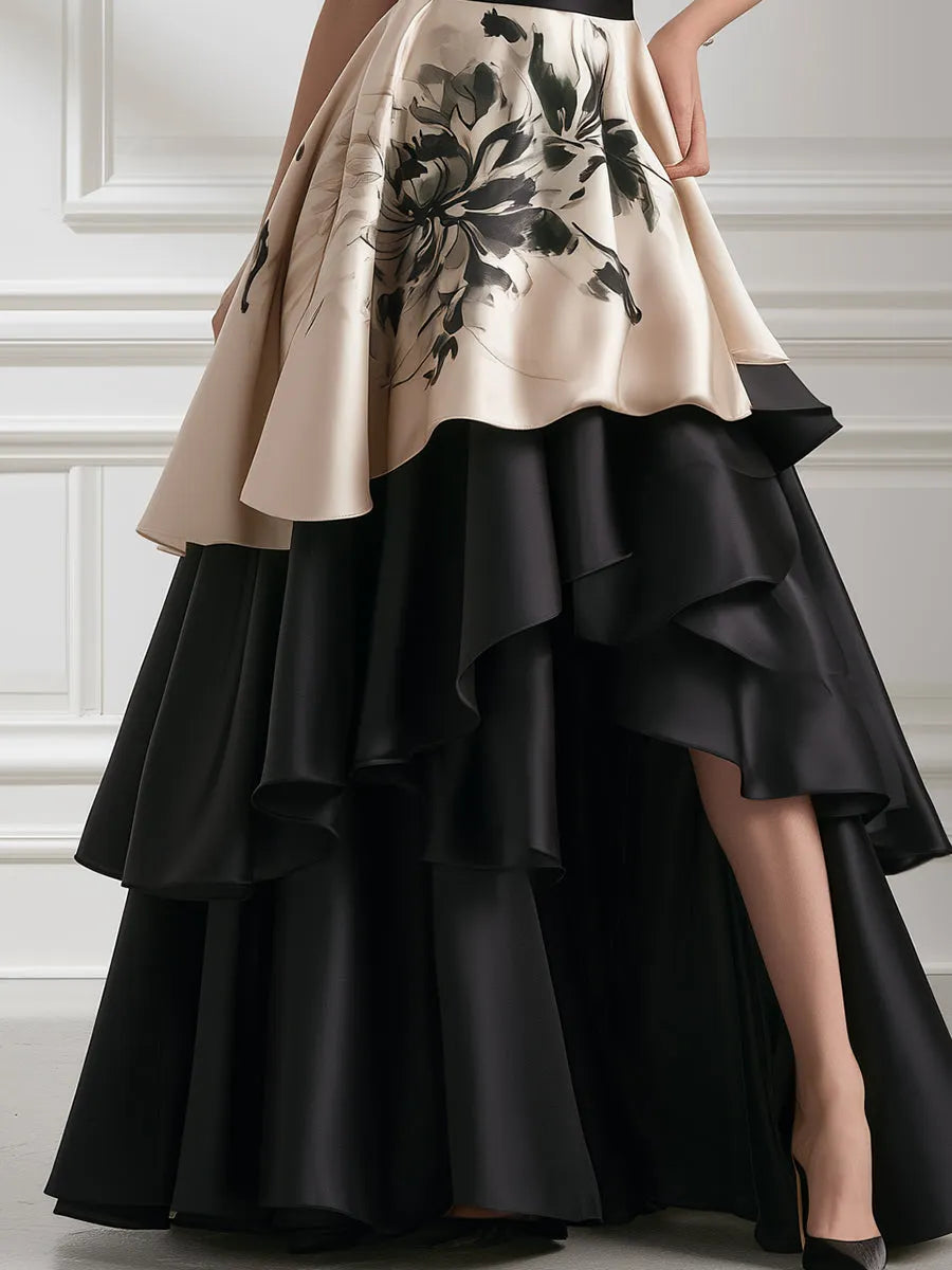 Floral Contrast Halter Tiered Satin Evening Gown
