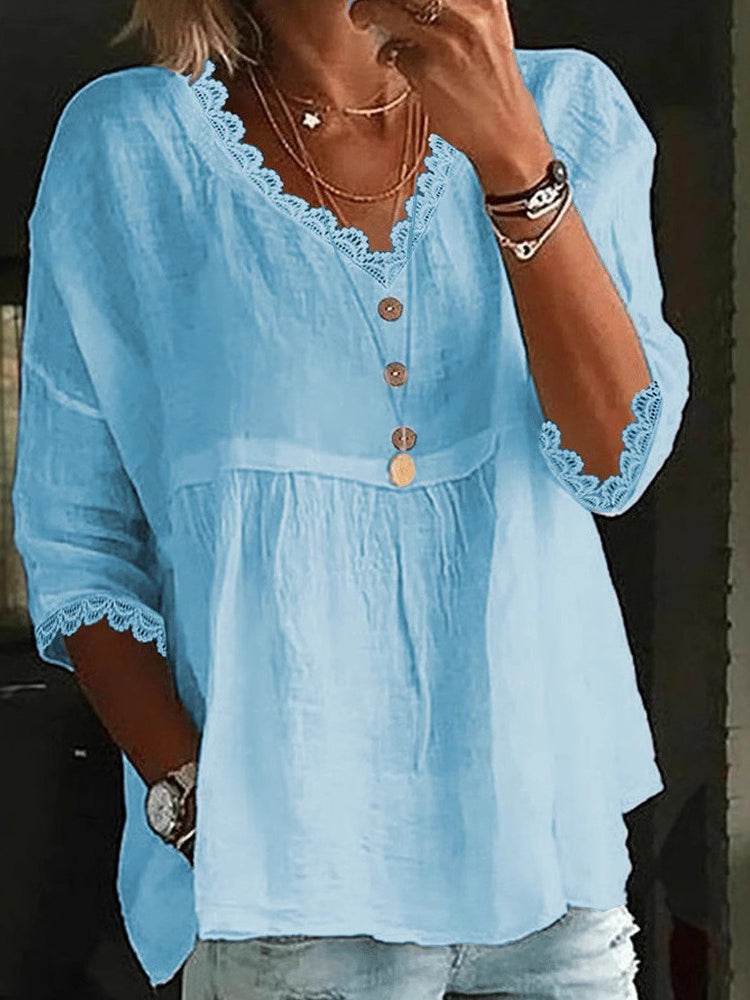 Women's Vintage Casual Lace Cotton And Linen V-neck T-shirt