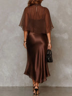 Brown Chiffon Blouse And Satin Midi Dress Two-piece Set