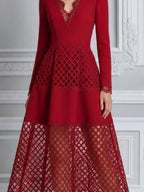 Red Dress Lace Fall Wedding Guest Dress V Neck A-Line Midi Dress